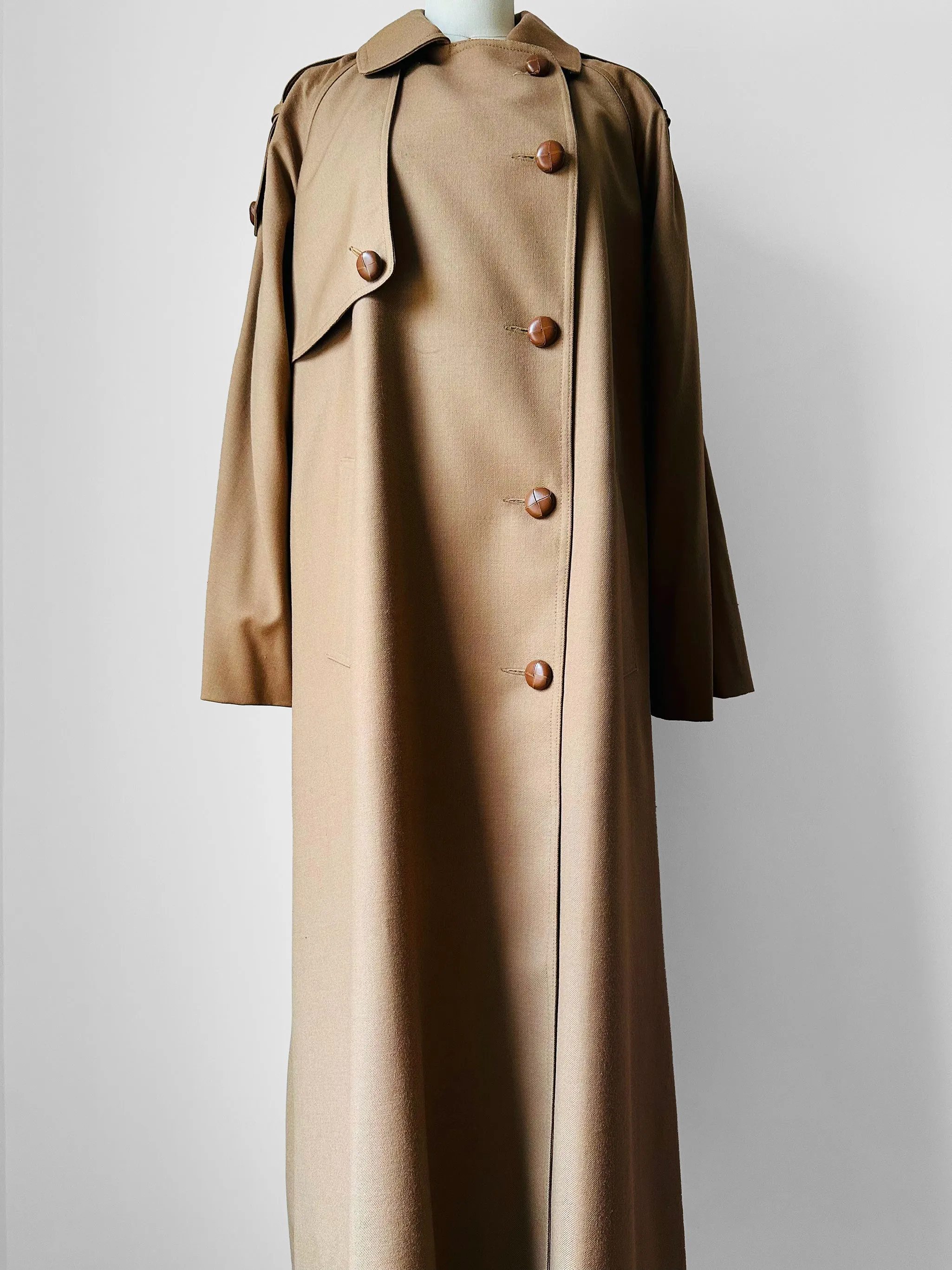 1980s Tan Wool Double Breasted Trench Duster Coat - Sz. S/M