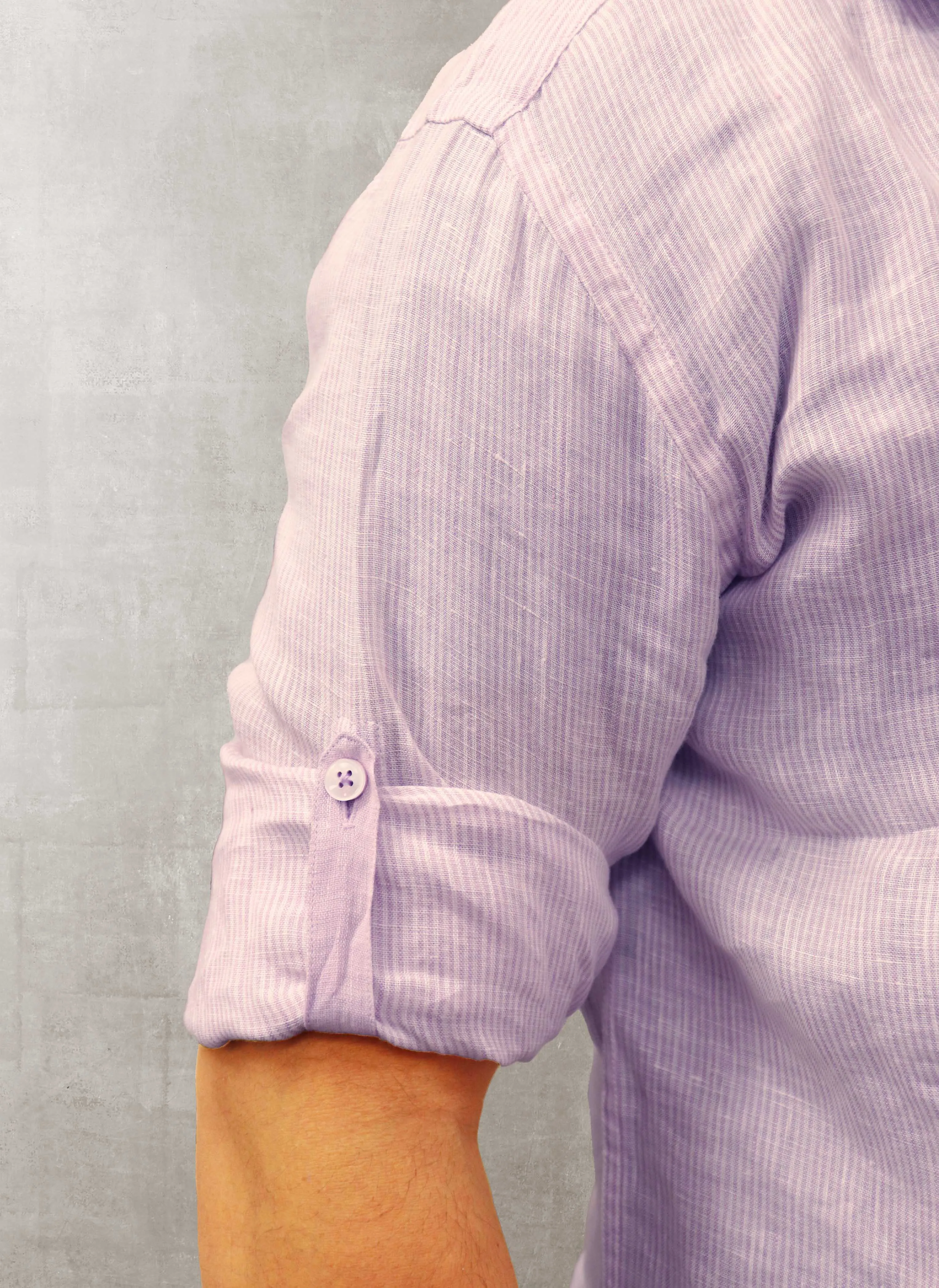 Alexander in Lavender Linen Stripe Shirt, Featuring Custom Roll-up Cuff
