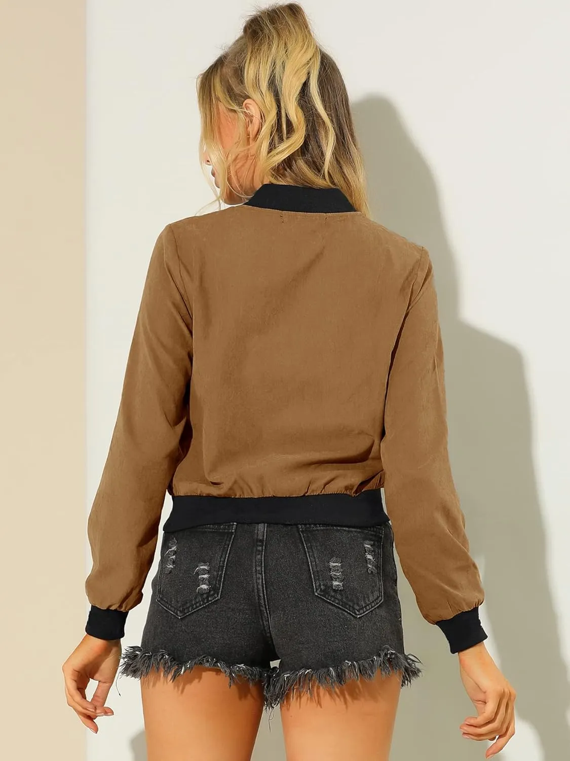 Allegra K Women's Bomber Jacket Long Sleeve Casual Lightweight Zip Up Fall Coat Outerwear Windbreaker