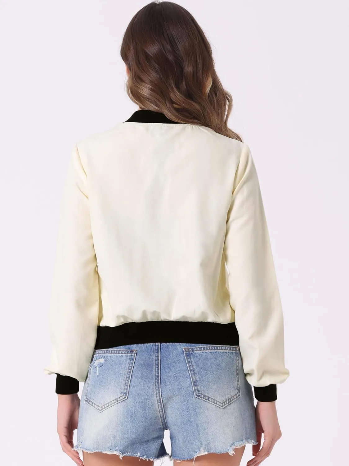 Allegra K Women's Bomber Jacket Long Sleeve Casual Lightweight Zip Up Fall Coat Outerwear Windbreaker