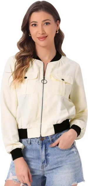 Allegra K Women's Bomber Jacket Long Sleeve Casual Lightweight Zip Up Fall Coat Outerwear Windbreaker