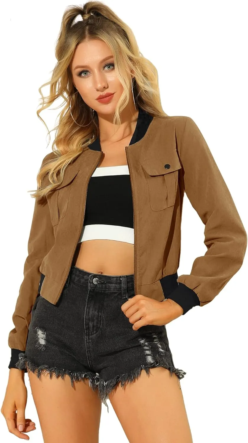 Allegra K Women's Bomber Jacket Long Sleeve Casual Lightweight Zip Up Fall Coat Outerwear Windbreaker