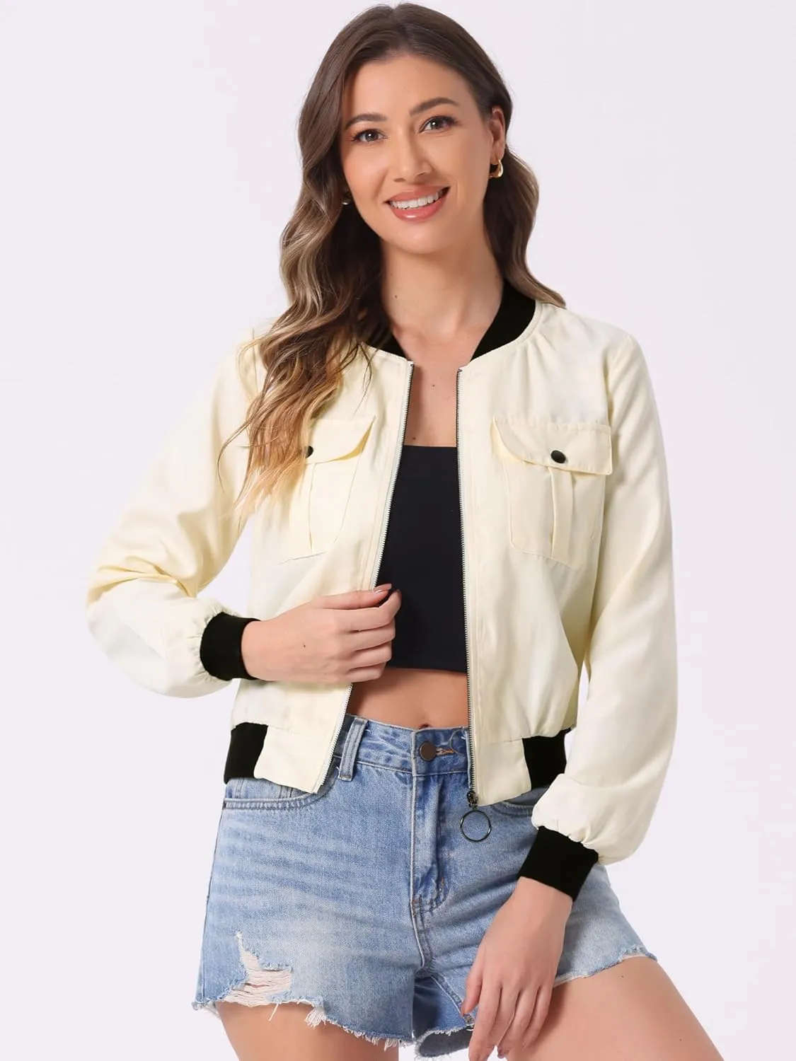 Allegra K Women's Bomber Jacket Long Sleeve Casual Lightweight Zip Up Fall Coat Outerwear Windbreaker