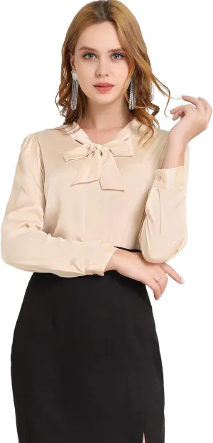 Allegra K Women's Satin Work Office Blouse Tie Neck Business Casual Top