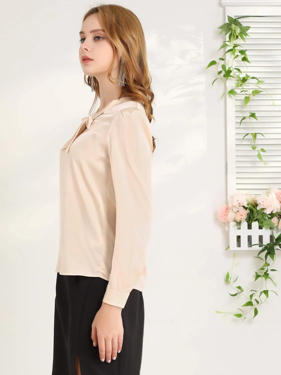 Allegra K Women's Satin Work Office Blouse Tie Neck Business Casual Top