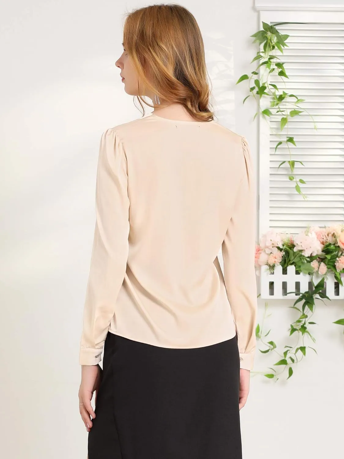 Allegra K Women's Satin Work Office Blouse Tie Neck Business Casual Top