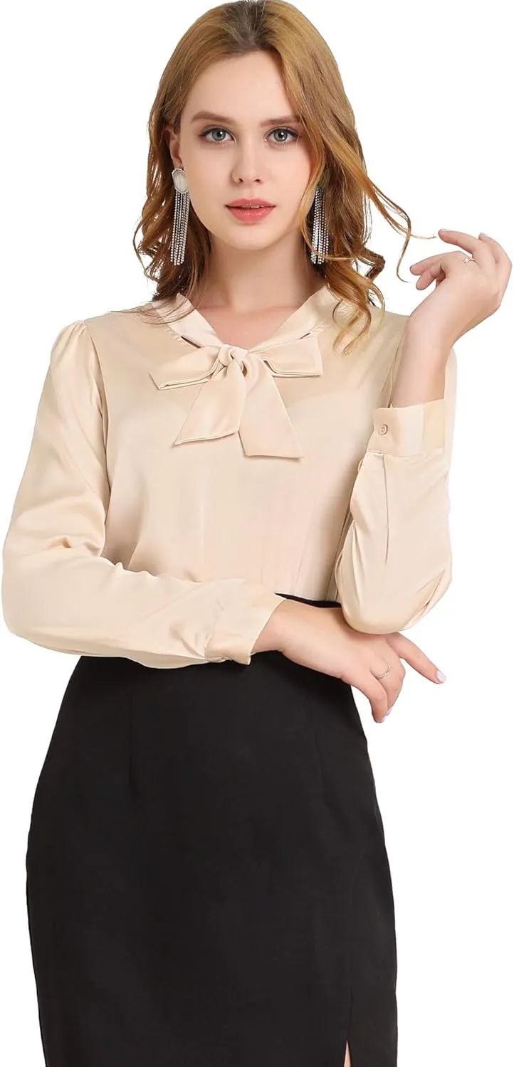 Allegra K Women's Satin Work Office Blouse Tie Neck Business Casual Top