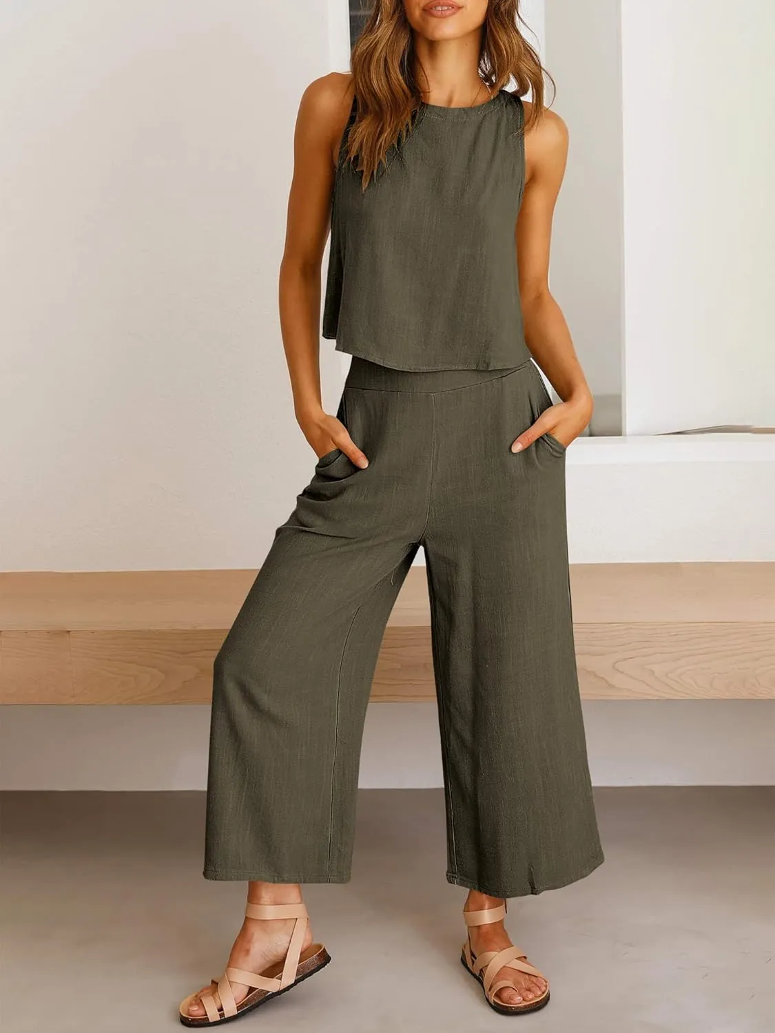 ANRABESS Women's Summer 2 Piece Outfits Sleeveless Crop Top Capri Wide Leg Pants Jumpsuit Linen Lounge Beach Travel Sets