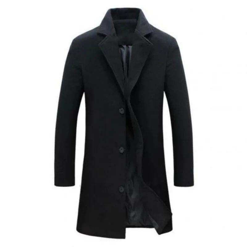 Autumn Winter Men's Fashion  Solid Color Single-Breasted Lapel Long Woollen Coat Jacket, Casual Overcoat in Plus Size, Available in 5 Colors