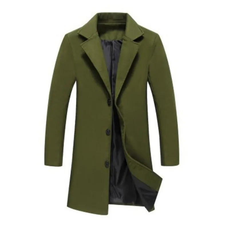 Autumn Winter Men's Fashion  Solid Color Single-Breasted Lapel Long Woollen Coat Jacket, Casual Overcoat in Plus Size, Available in 5 Colors