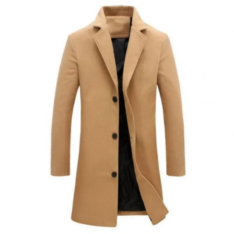 Autumn Winter Men's Fashion  Solid Color Single-Breasted Lapel Long Woollen Coat Jacket, Casual Overcoat in Plus Size, Available in 5 Colors