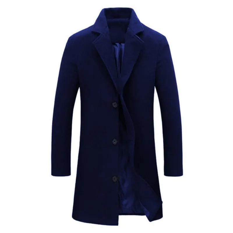 Autumn Winter Men's Fashion  Solid Color Single-Breasted Lapel Long Woollen Coat Jacket, Casual Overcoat in Plus Size, Available in 5 Colors