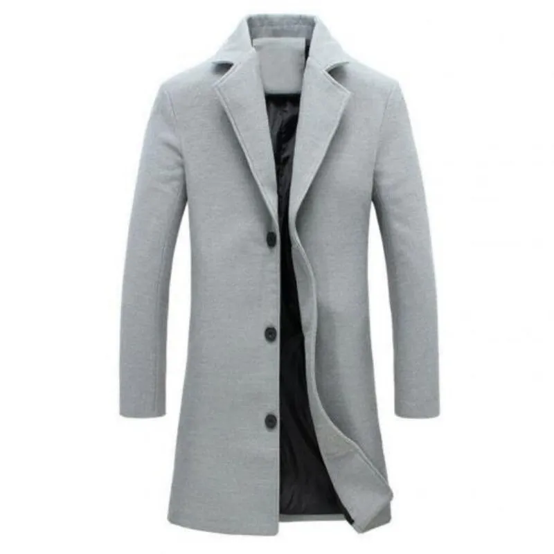 Autumn Winter Men's Fashion  Solid Color Single-Breasted Lapel Long Woollen Coat Jacket, Casual Overcoat in Plus Size, Available in 5 Colors
