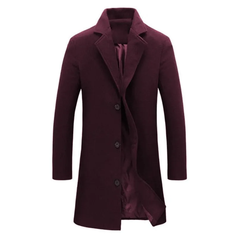 Autumn Winter Men's Fashion  Solid Color Single-Breasted Lapel Long Woollen Coat Jacket, Casual Overcoat in Plus Size, Available in 5 Colors