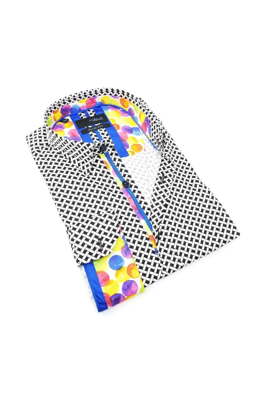 Black Button Down Print Shirt W/ Colorful Dot Trim