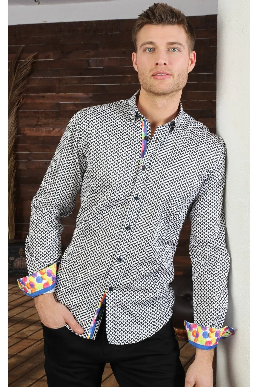 Black Button Down Print Shirt W/ Colorful Dot Trim