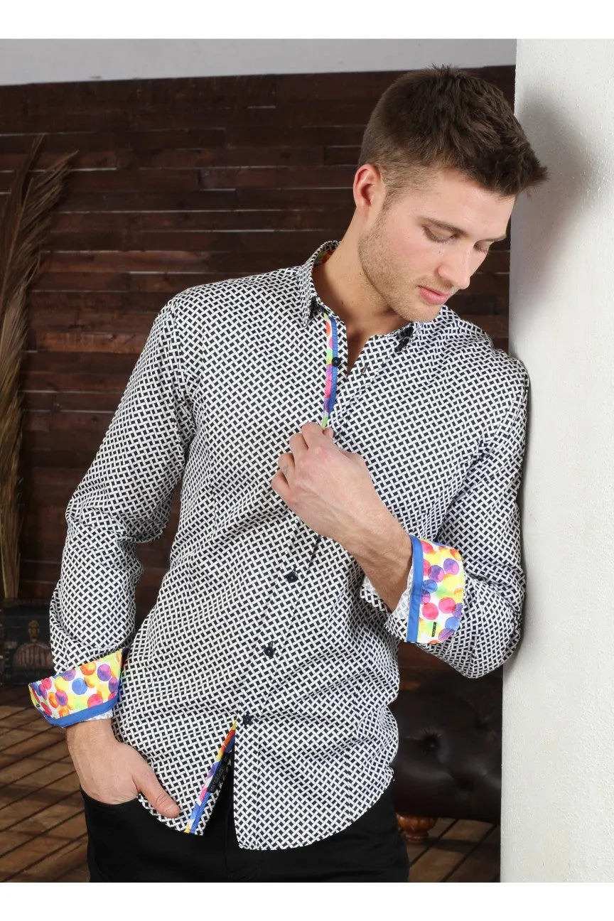 Black Button Down Print Shirt W/ Colorful Dot Trim