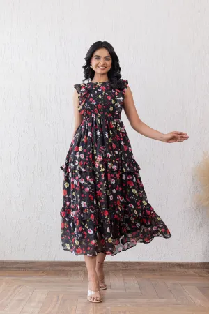 BLACK FLORAL SMOCKED MAXI
