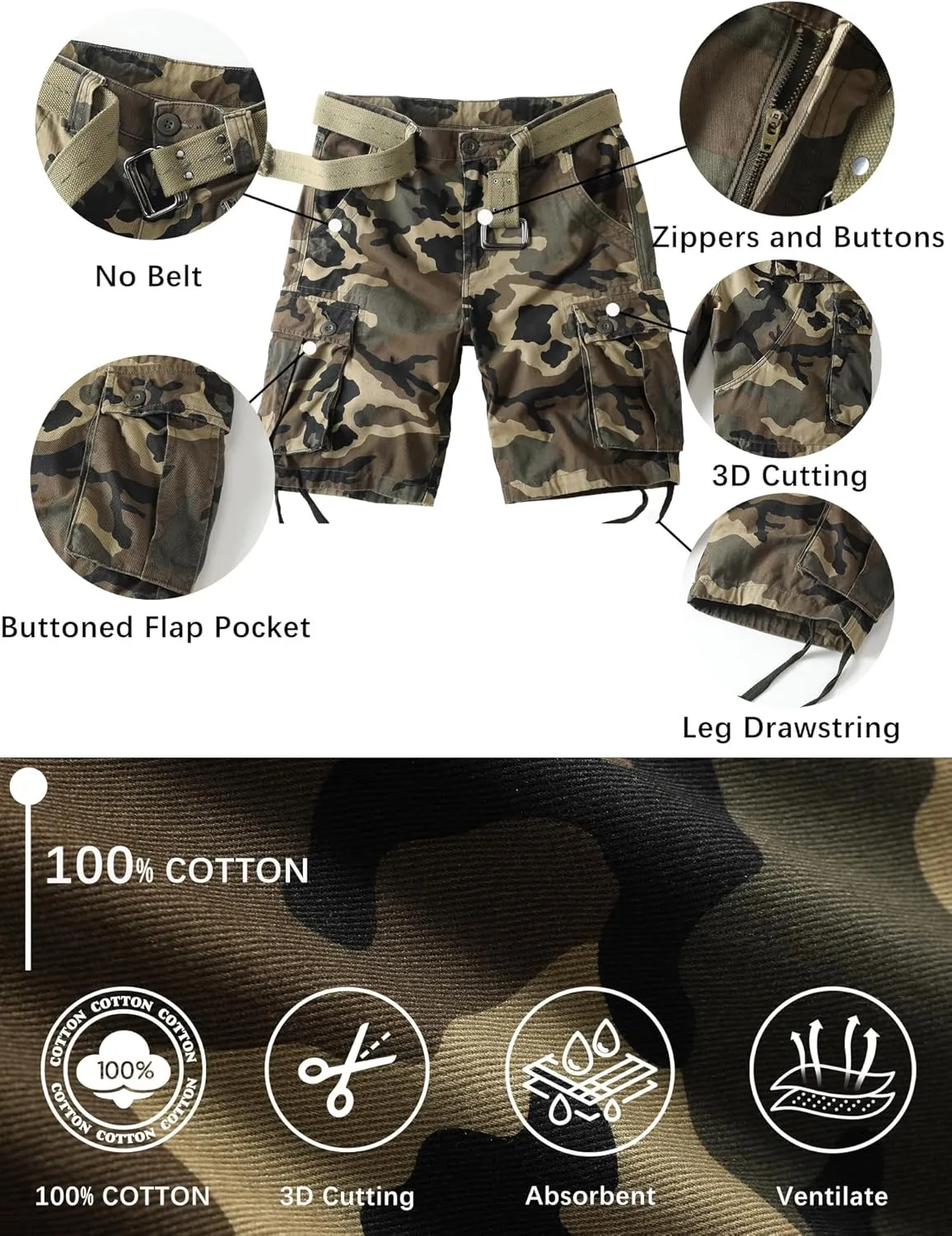 Camo Cargo Shorts for Men Cotton Casual Wild Outdoor Work Relaxed Fit Shorts with Multi-Pockets