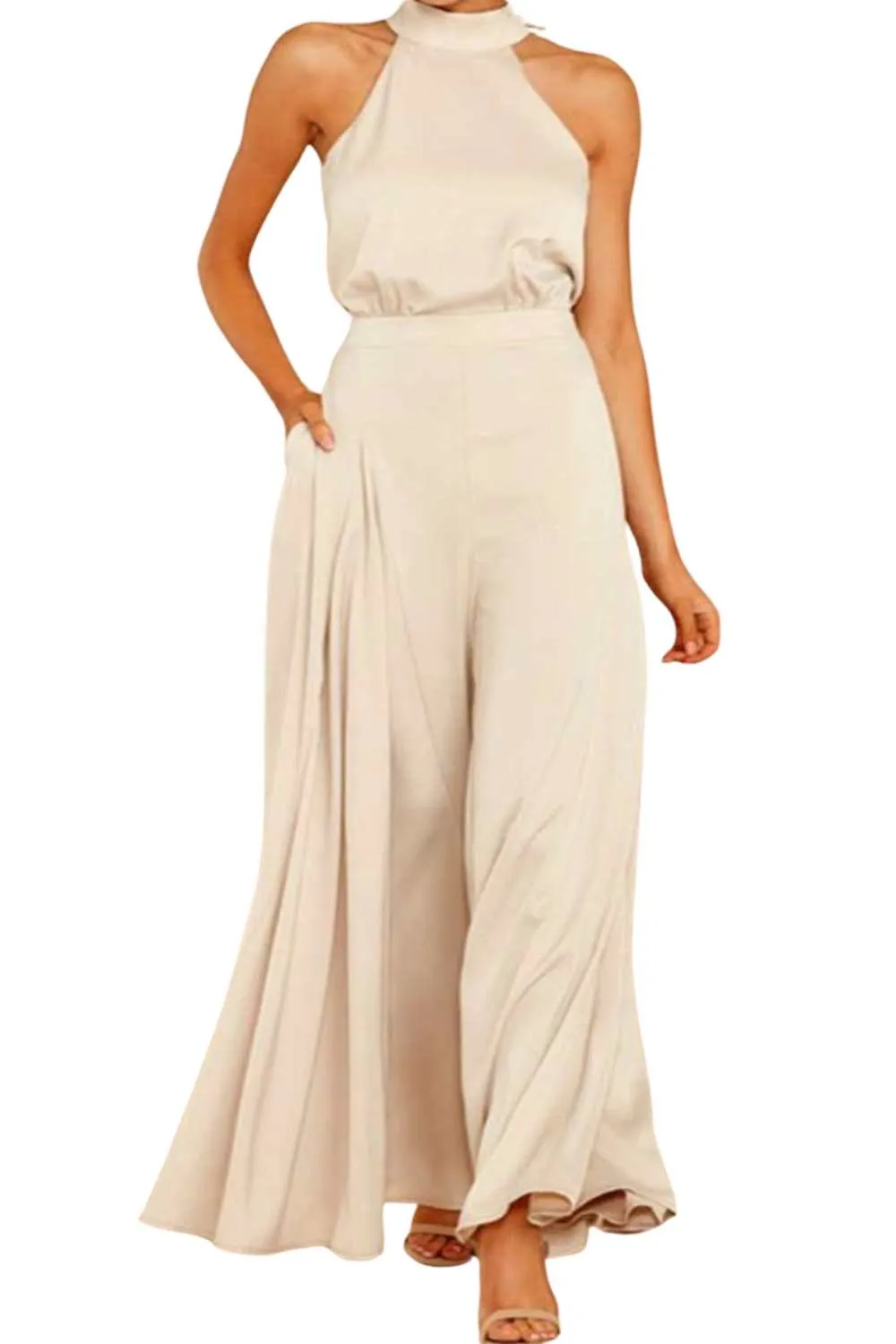 Champagne Satin Tie-Back Wide-Leg Jumpsuit