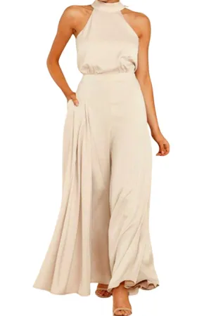 Champagne Satin Tie-Back Wide-Leg Jumpsuit