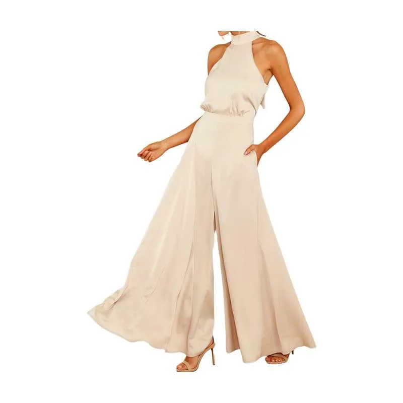 Champagne Satin Tie-Back Wide-Leg Jumpsuit
