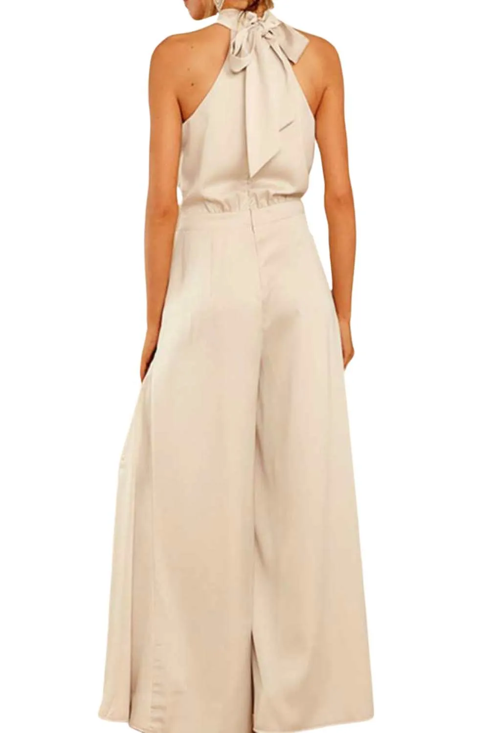Champagne Satin Tie-Back Wide-Leg Jumpsuit