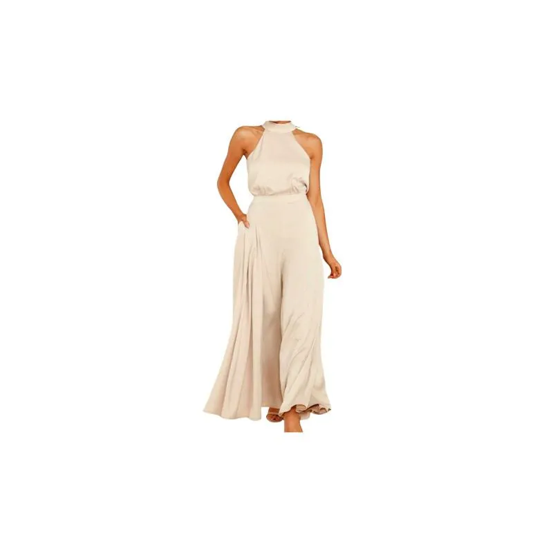Champagne Satin Tie-Back Wide-Leg Jumpsuit