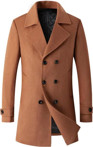 chouyatou Men's Classic Double Breasted Wool Blend Pea Coat Mid Long Trench Coat