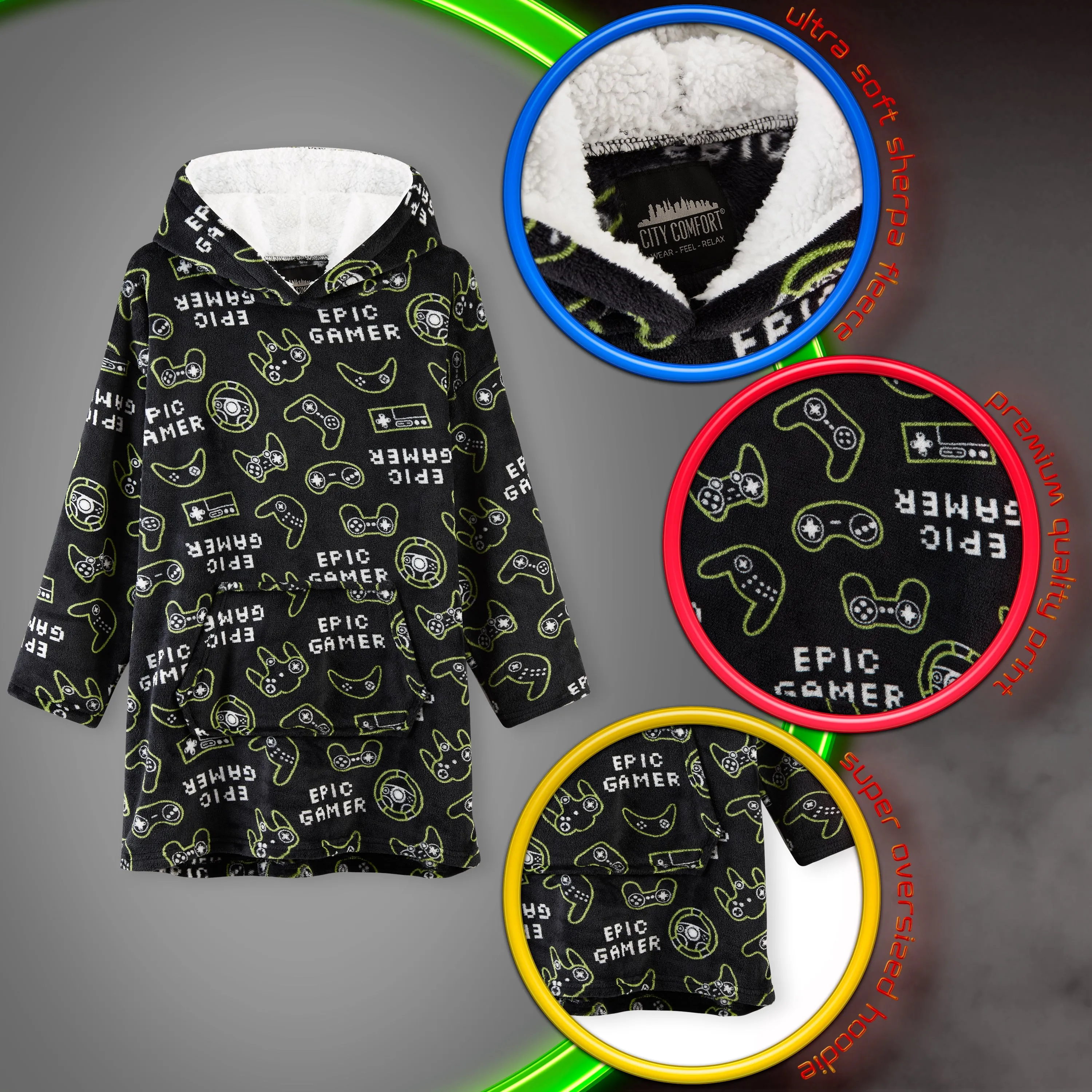 CityComfort Fleece Hoodie Blanket for Kids and Teenagers - Football One Size Kids Oversized Hoodie with Sherpa-Lined Hood Gaming Gifts for Kids