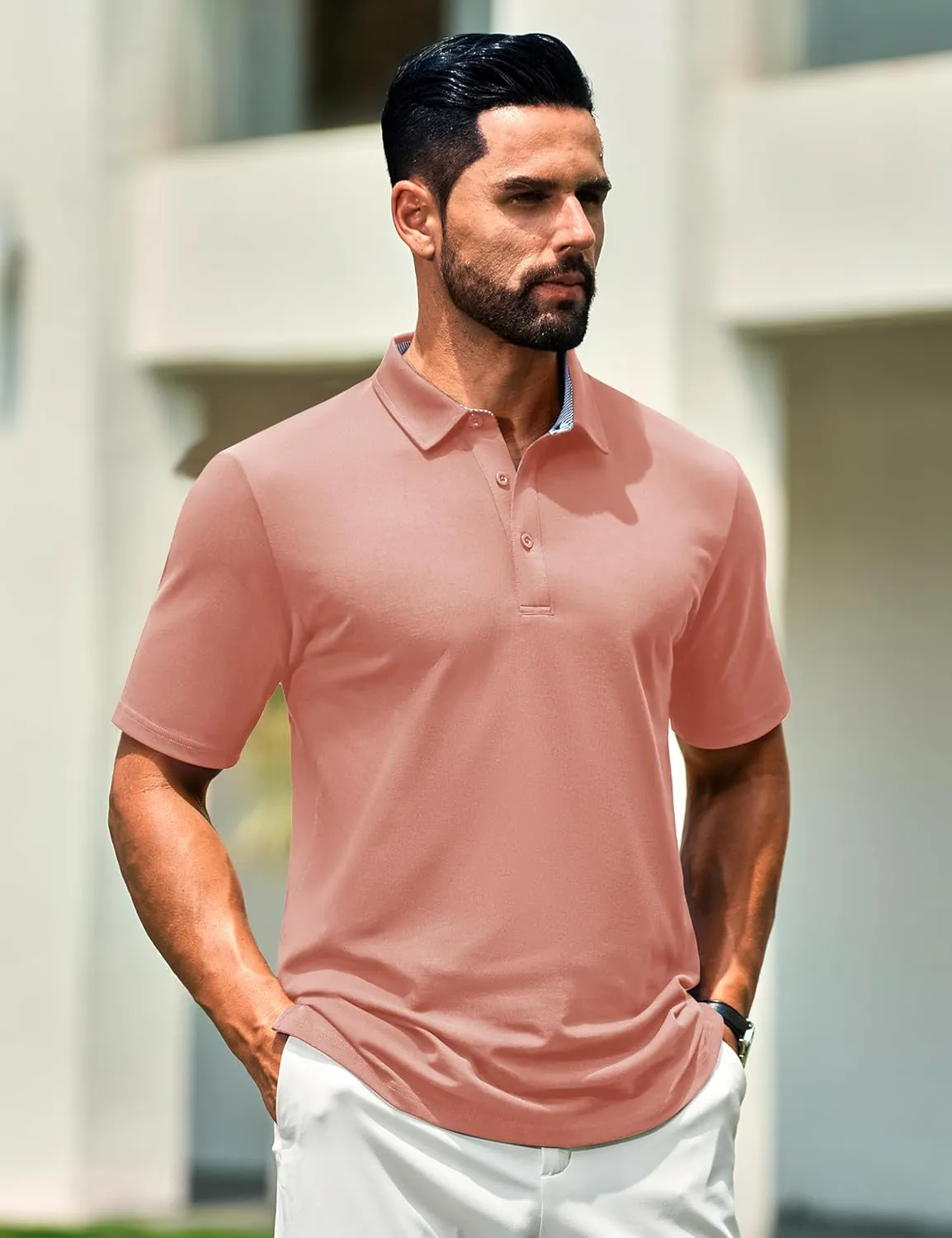 Cotrasen Men's Polo Shirts Short Sleeve Cotton Pique 3 Buttons Golf Shirts Classic Fit Casual Performance T-Shirt