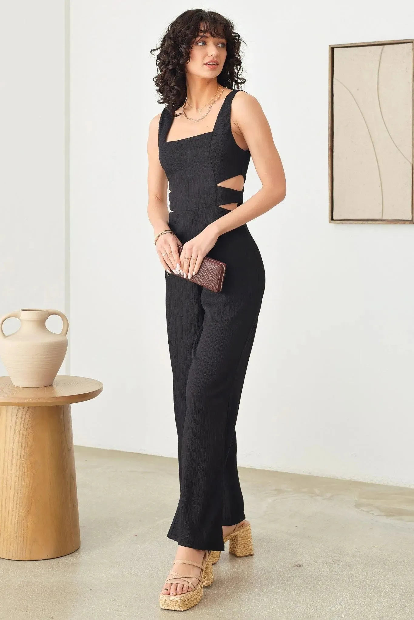 Cut-Out Side Sleeveless Wide Pants Elegant Jumpsuit