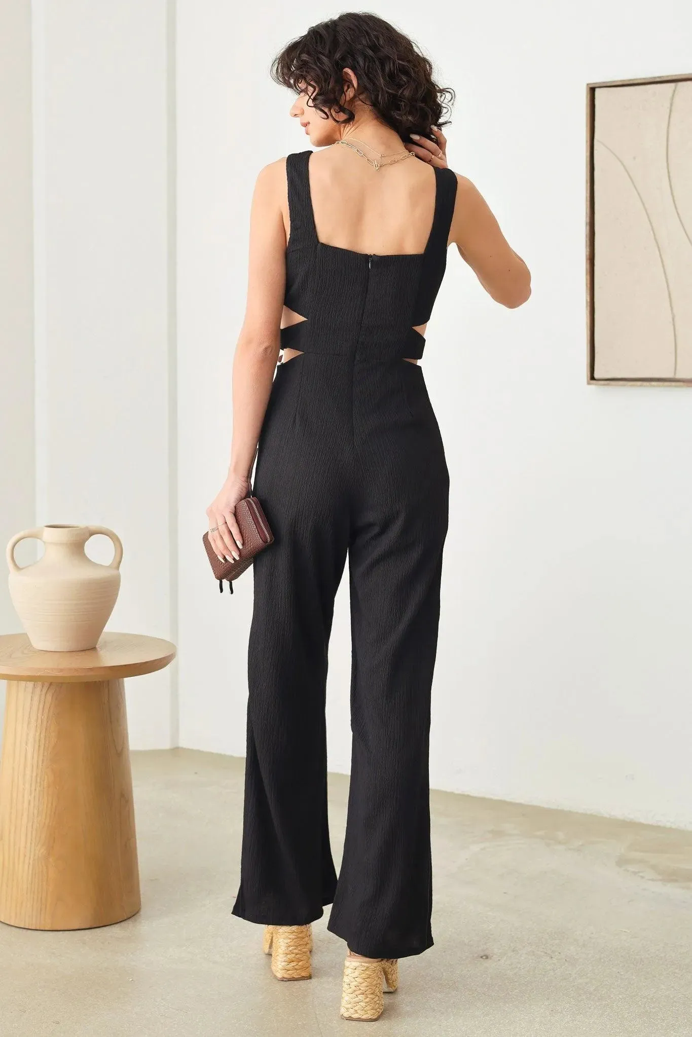 Cut-Out Side Sleeveless Wide Pants Elegant Jumpsuit