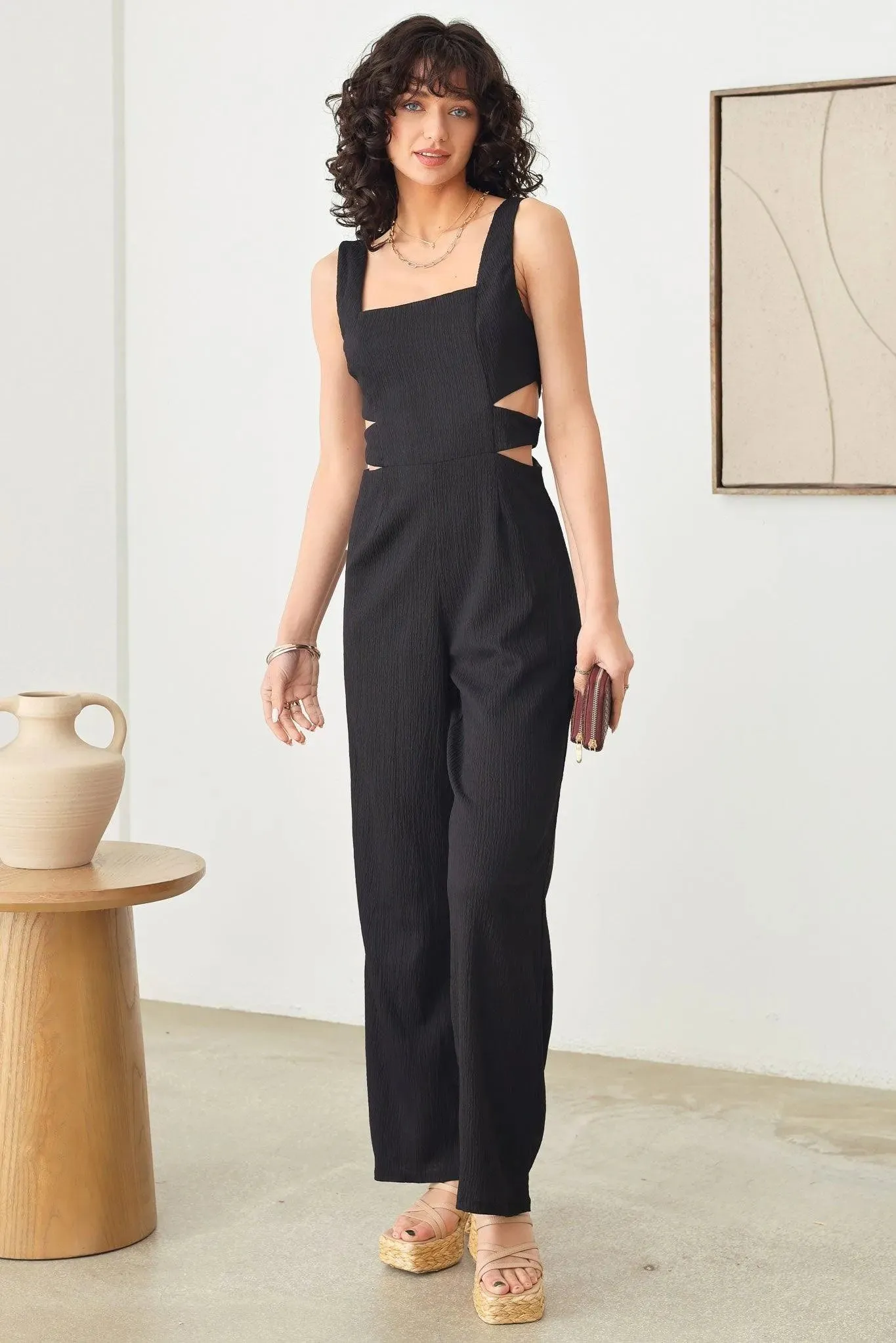 Cut-Out Side Sleeveless Wide Pants Elegant Jumpsuit