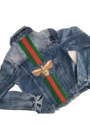 Denim Jacket with Beaded Stripe and Bee or Heart