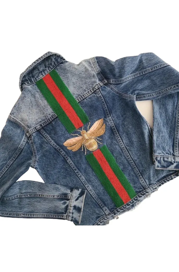 Denim Jacket with Beaded Stripe and Bee or Heart