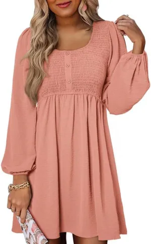 Dokotoo Womens 2025 Casual Dress Smocked Crewneck Button Up Long Sleeve Empire Waist A-Line Mini Dress