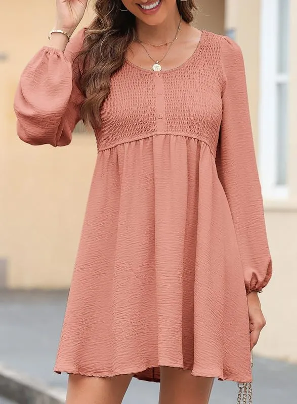 Dokotoo Womens 2025 Casual Dress Smocked Crewneck Button Up Long Sleeve Empire Waist A-Line Mini Dress