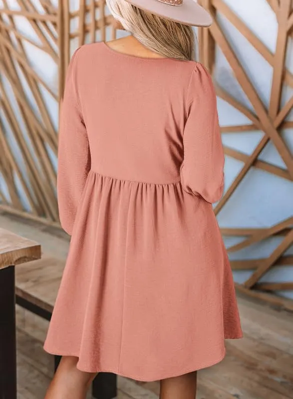 Dokotoo Womens 2025 Casual Dress Smocked Crewneck Button Up Long Sleeve Empire Waist A-Line Mini Dress