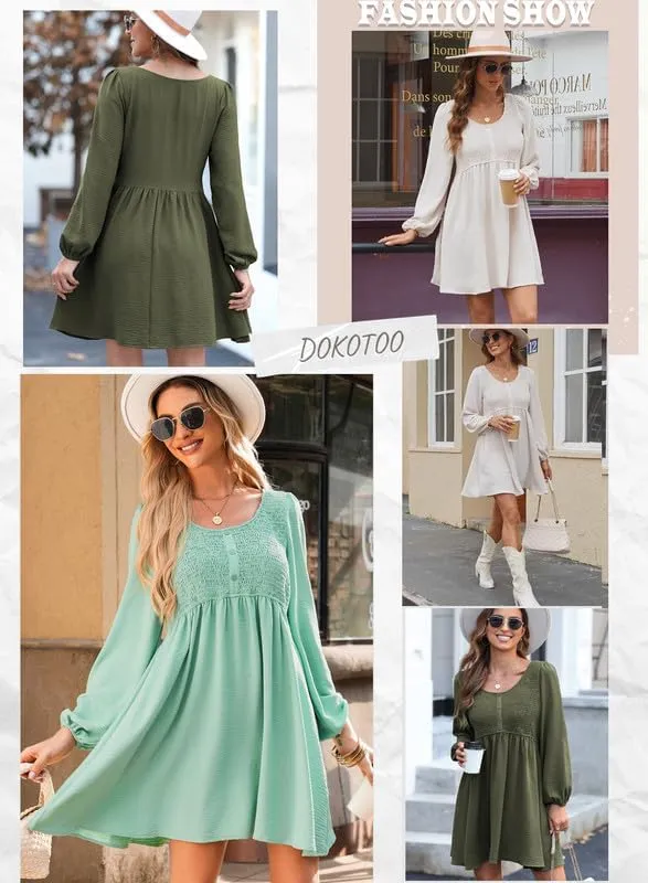 Dokotoo Womens 2025 Casual Dress Smocked Crewneck Button Up Long Sleeve Empire Waist A-Line Mini Dress
