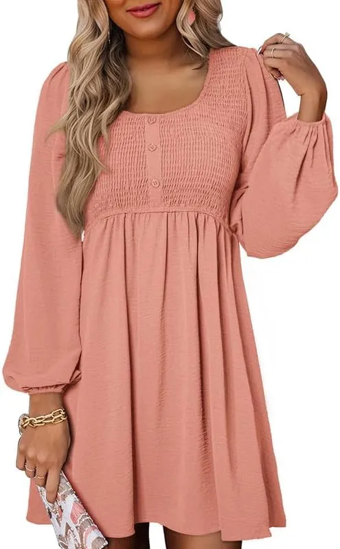 Dokotoo Womens 2025 Casual Dress Smocked Crewneck Button Up Long Sleeve Empire Waist A-Line Mini Dress