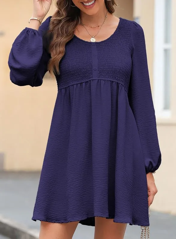 Dokotoo Womens 2025 Casual Dress Smocked Crewneck Button Up Long Sleeve Empire Waist A-Line Mini Dress