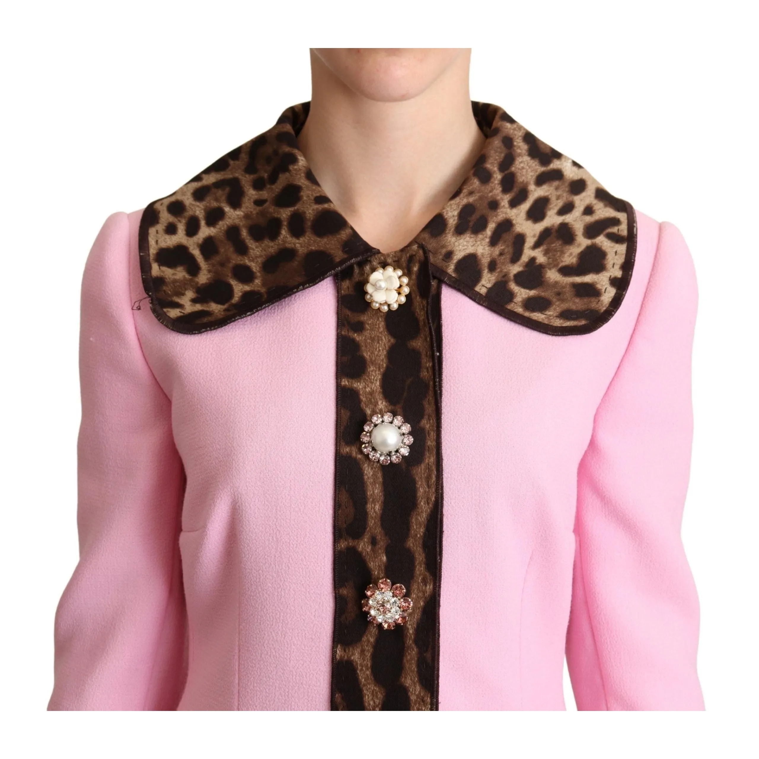 Dolce & Gabbana Chic Pink Leopard Trench with Crystal Buttons