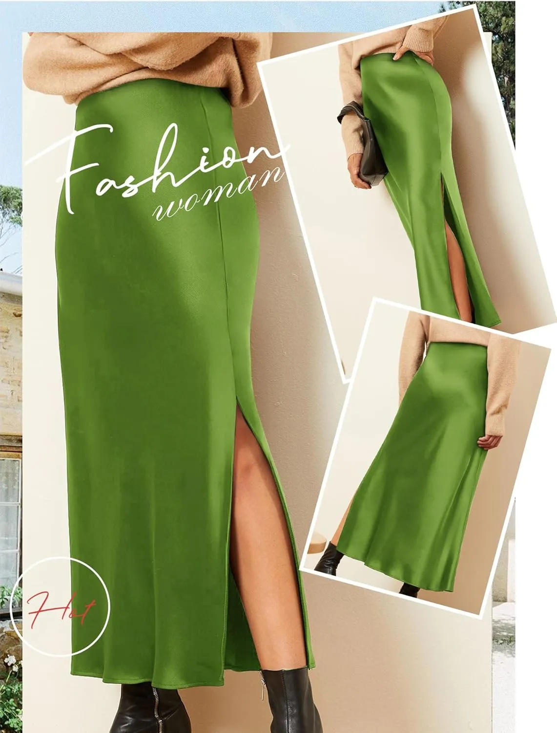 Ezcosplay Women Satin Silk Side Slit Maxi Skirt High Waisted Elastic Waist Silky Split Long Skirts