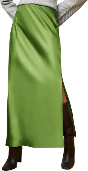 Ezcosplay Women Satin Silk Side Slit Maxi Skirt High Waisted Elastic Waist Silky Split Long Skirts