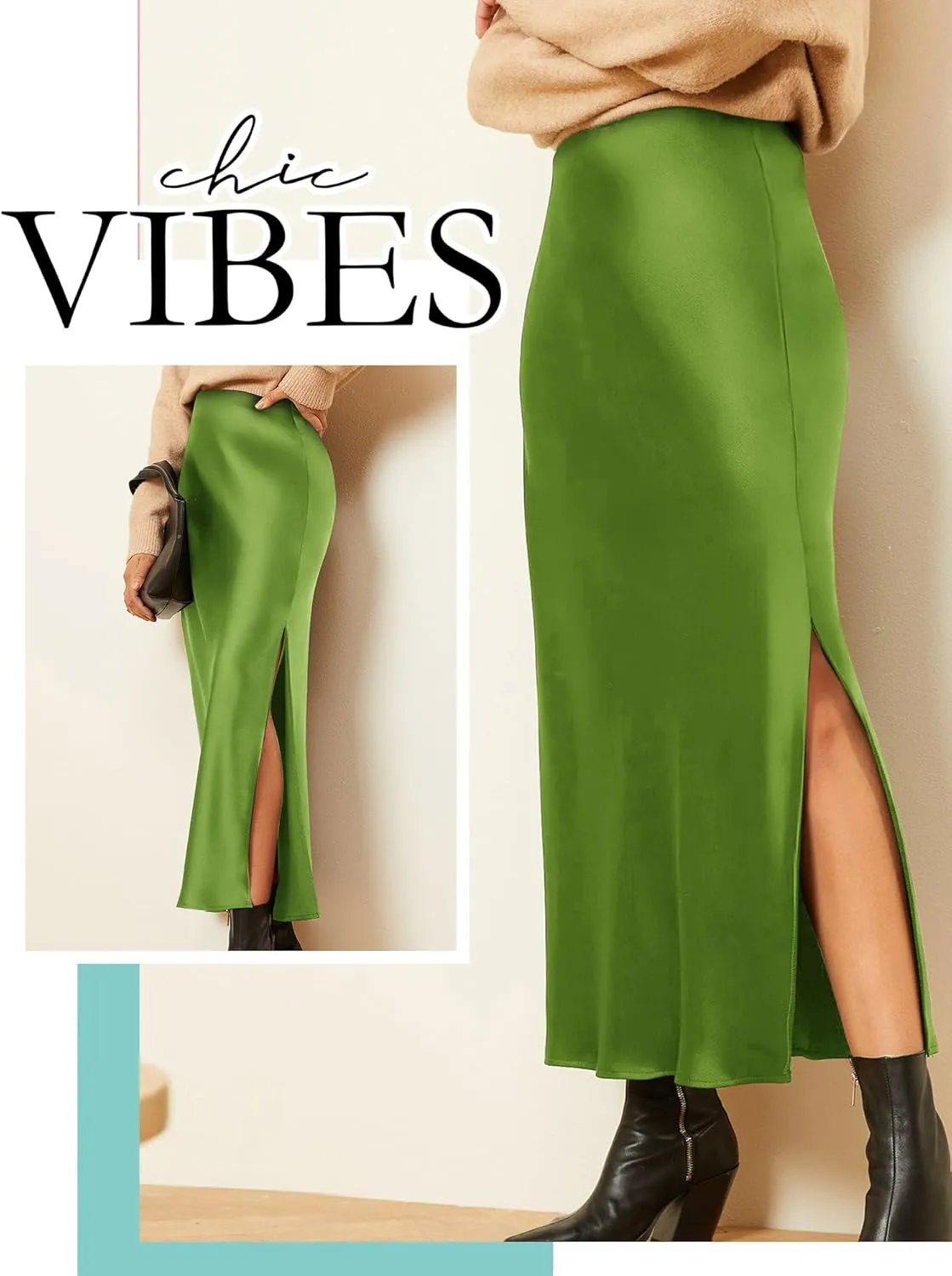 Ezcosplay Women Satin Silk Side Slit Maxi Skirt High Waisted Elastic Waist Silky Split Long Skirts
