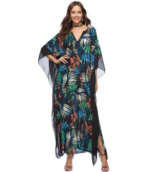 Floral Print Deep V Neck Long Maxi Dress