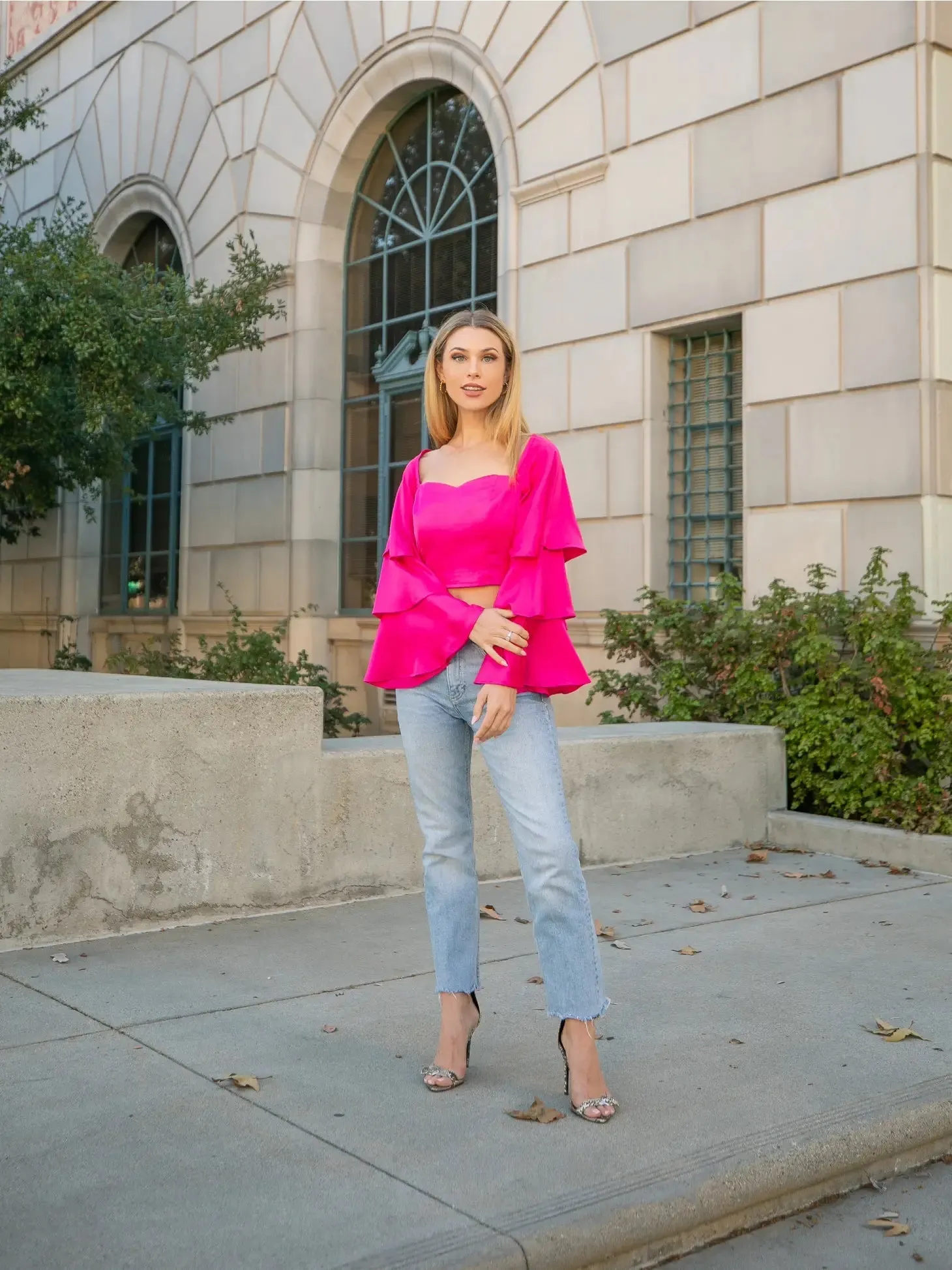 Fuchsia Trumpet Sleeve Satin Crop Top Blouse