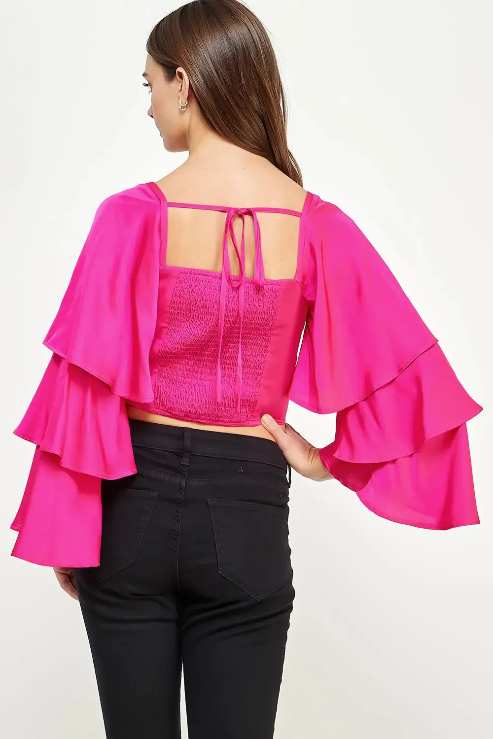 Fuchsia Trumpet Sleeve Satin Crop Top Blouse