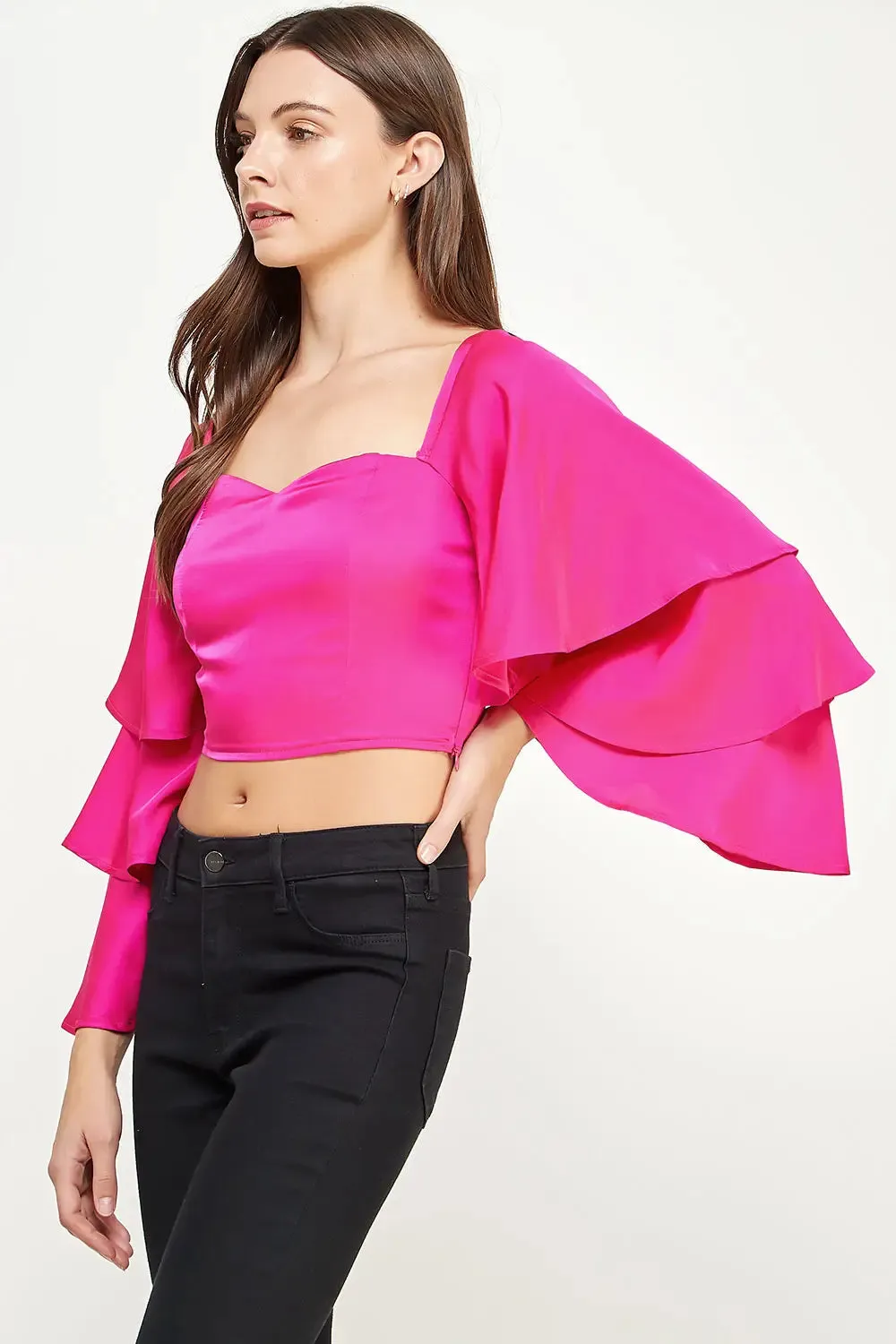 Fuchsia Trumpet Sleeve Satin Crop Top Blouse